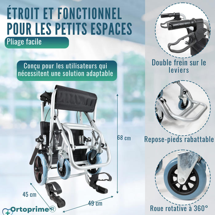 Fauteuil Roulant Étroit de Transit Pliable en Aluminium | Frein à Poignée