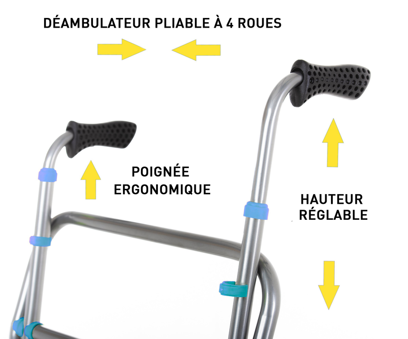 Déambulateur Pliable en Aluminium à 4 Roues Bleu