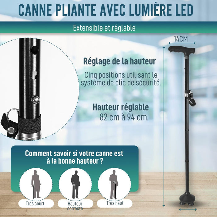 Canne Pliante Extensible pour Seniors avec Lumière