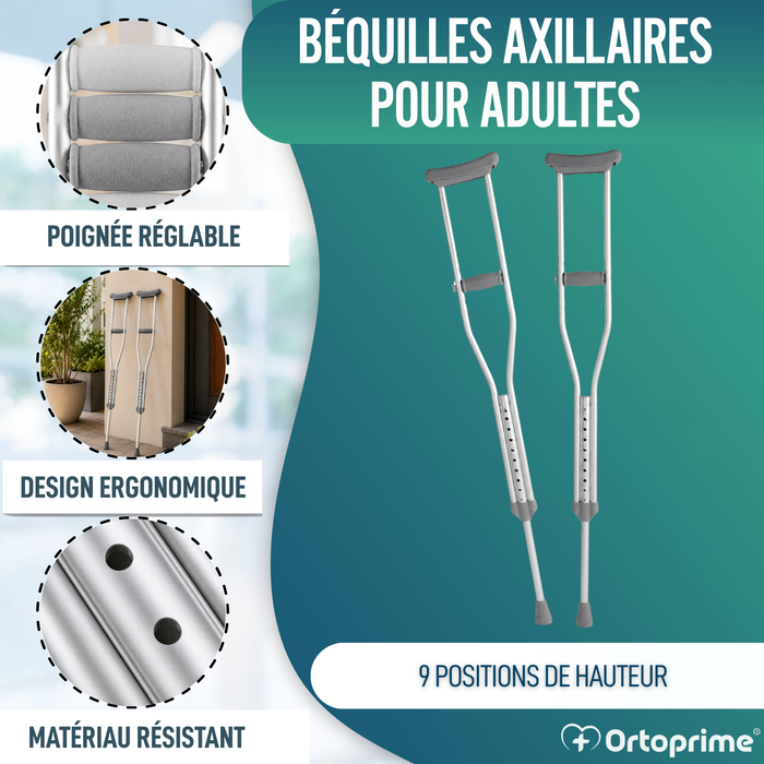 Bequilles Adultes Axillaires | Réglables en Aluminium Pack x2