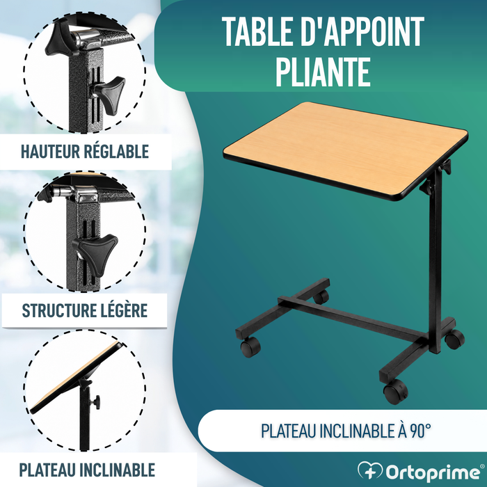 Table d'appoint pliante avec hauteur réglable et plateau inclinable à 90°