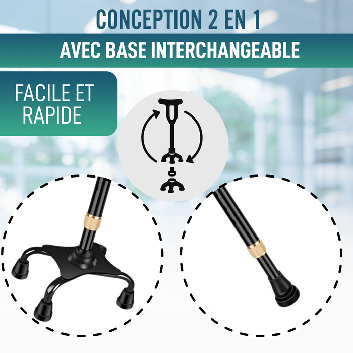 Canne Quadripode 4 Pieds Réglable | Avec Embout Convertible