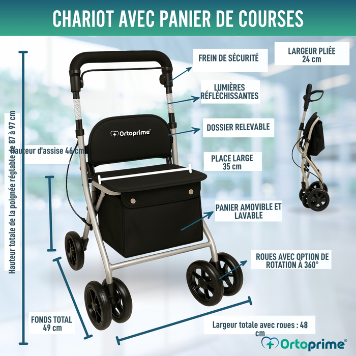 Déambulateur Rollator Pliant Adulte avec Chariot
