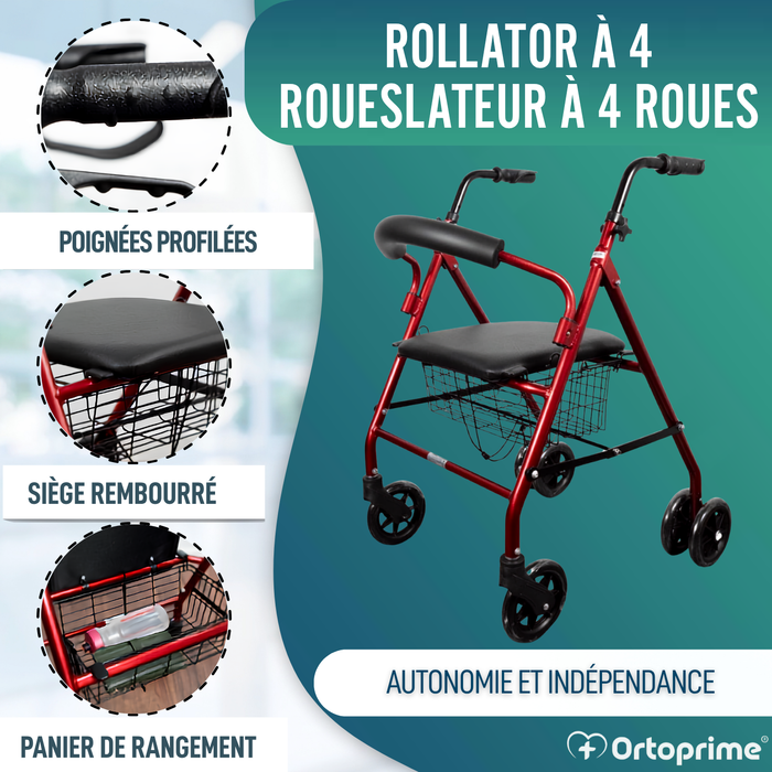 Rollator en Aluminium avec Freins de Pression et Siège Rembourré