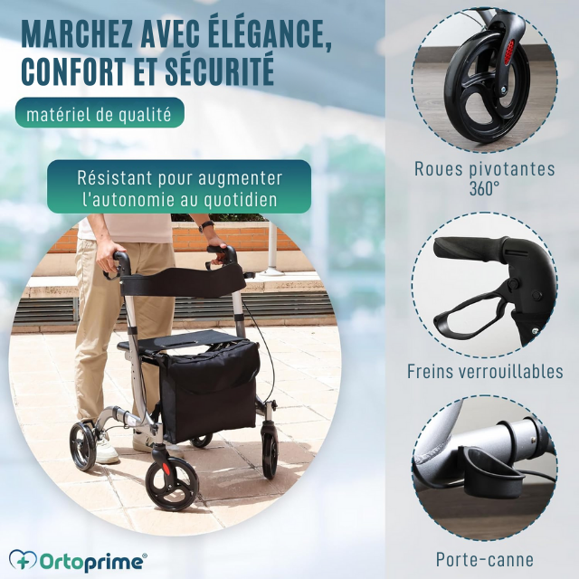 Déambulateur Rollator avec Siège et Panier pour l'Extérieur
