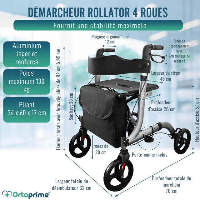 Déambulateur Rollator avec Siège et Panier pour l'Extérieur