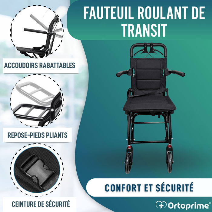 Fauteuil Roulant de Transfert Léger Pliant avec Freins