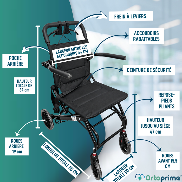Fauteuil Roulant de Transfert Léger Pliant avec Freins