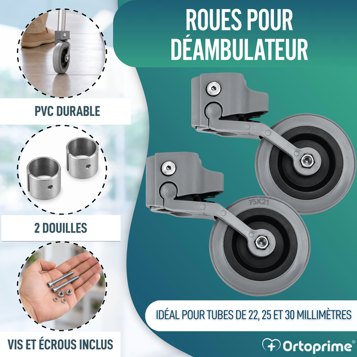 Kit x2 Roues pour Déambulateurs et Marchettes 22, 25 et 30 mm